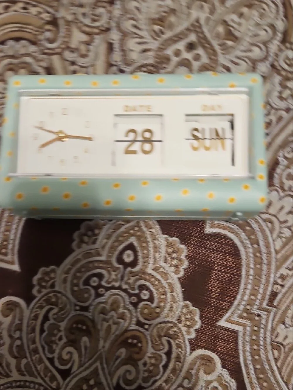 Mint Green Floral Perpetual Desk Clock with Date and Day Runs Off Batteries.